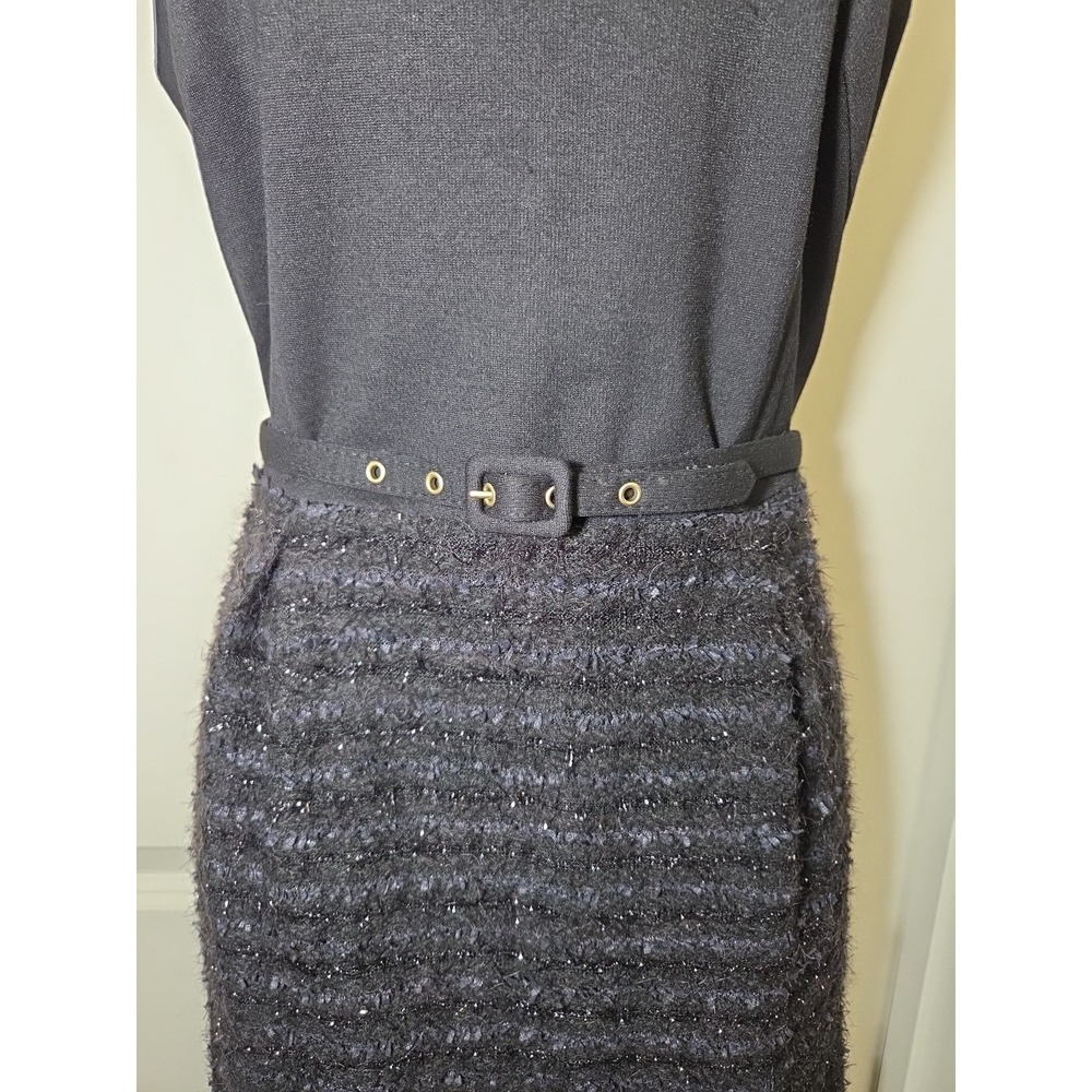 Lesley Evers Black Belted Metallic Fringey Tweed Contrast Sheath Dress Sz S - Picture 2 of 10